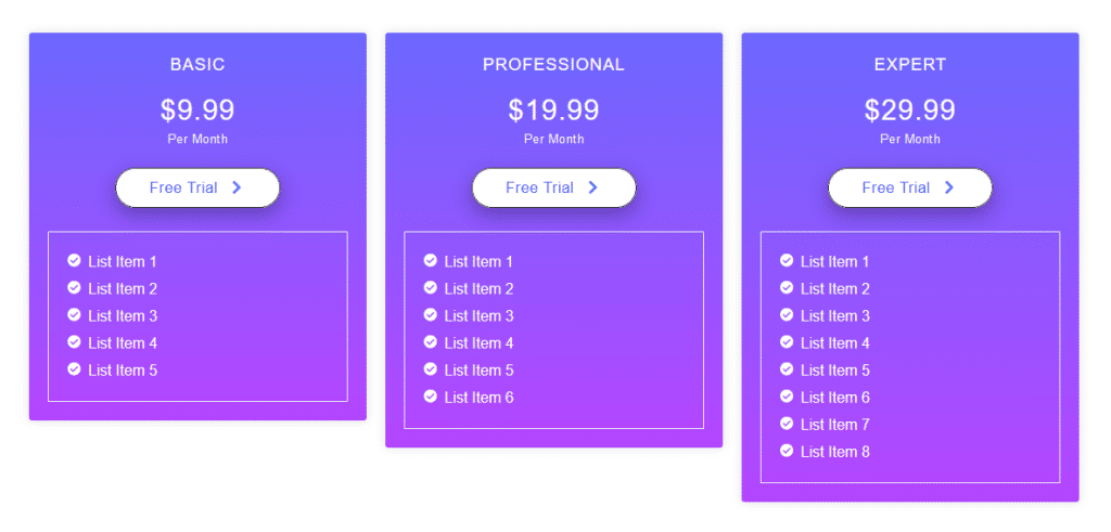 pricing table demo