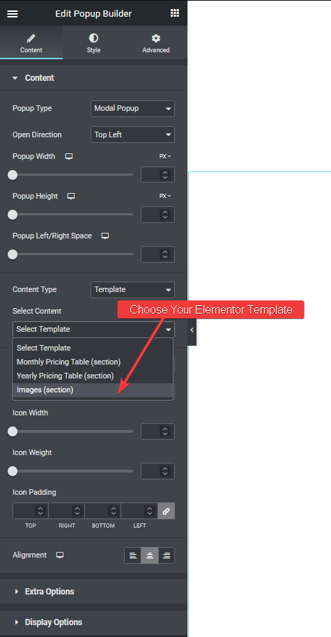 popup builder elementor template