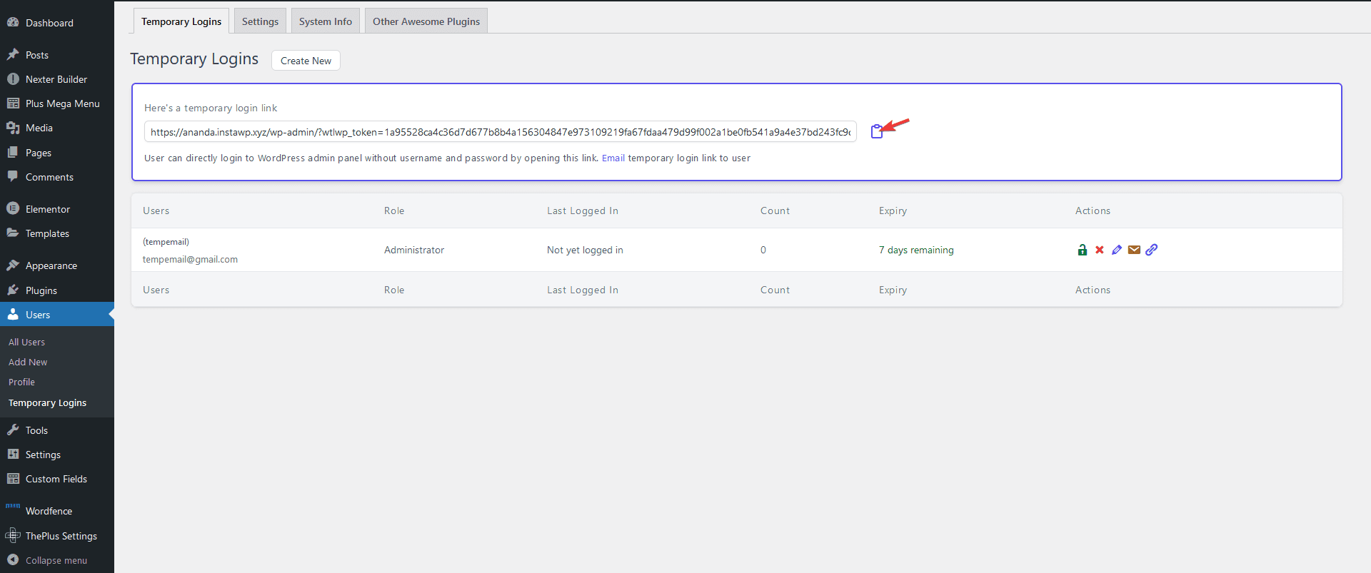 temporary login copy link