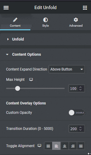 unfold content options button placement