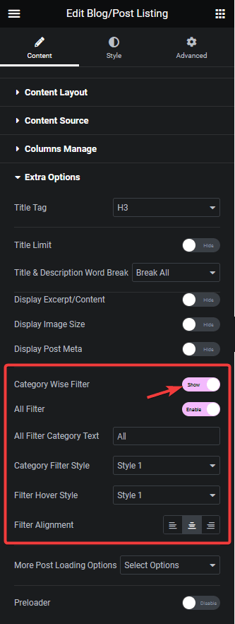 blog listing category filter
