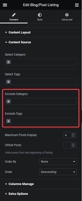 blog listing exclude category tag