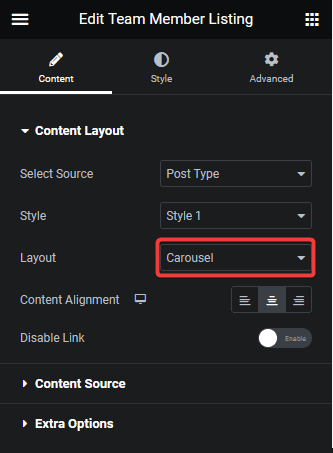 team member listing carousel layout