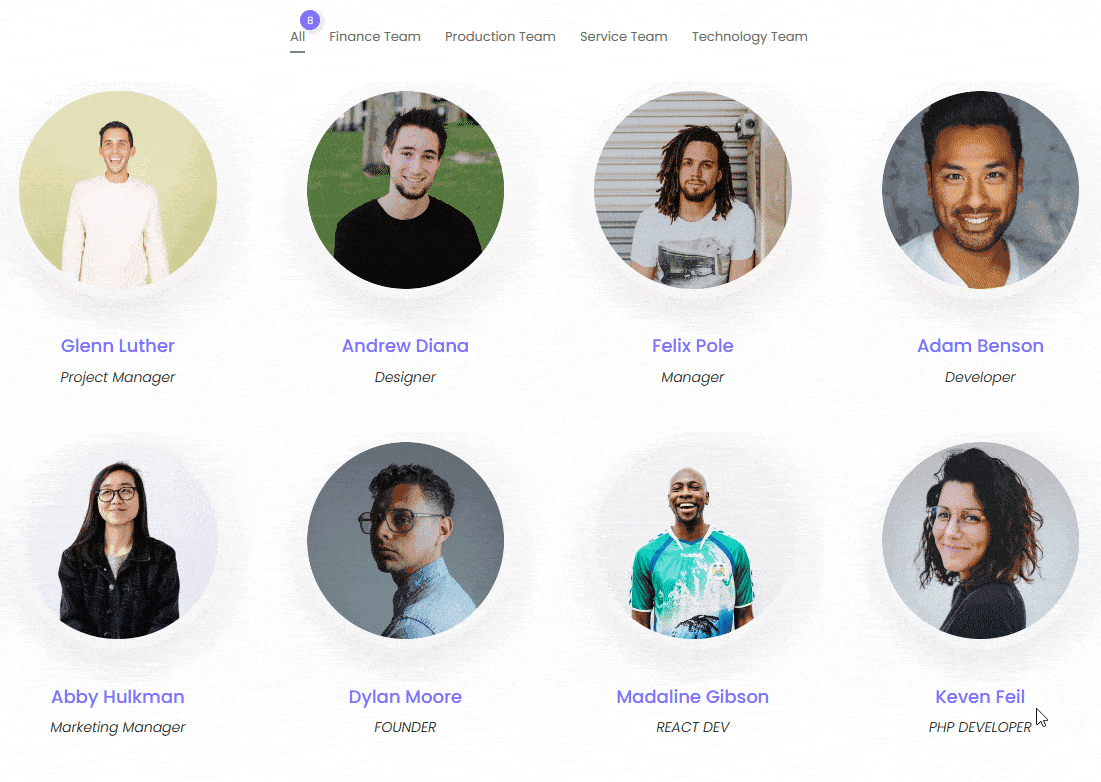 team member listing category filter demo