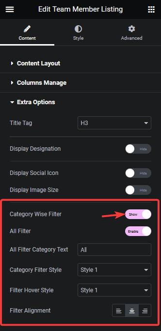 team member listing category filter