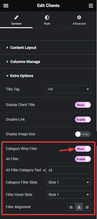 clients listing category wise filter