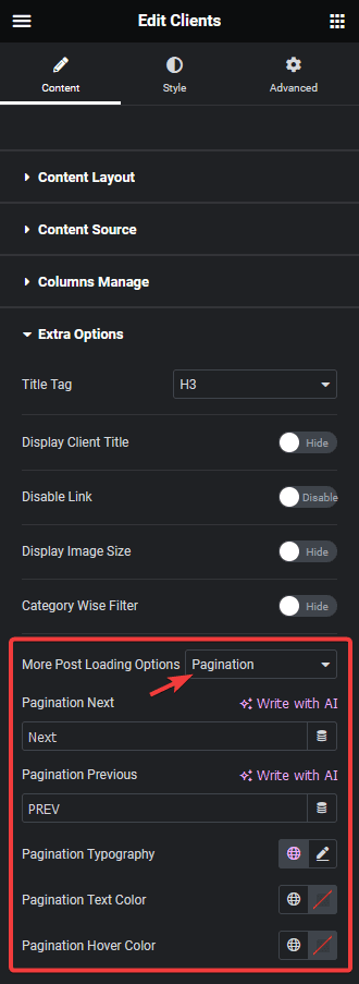 clients listing pagination